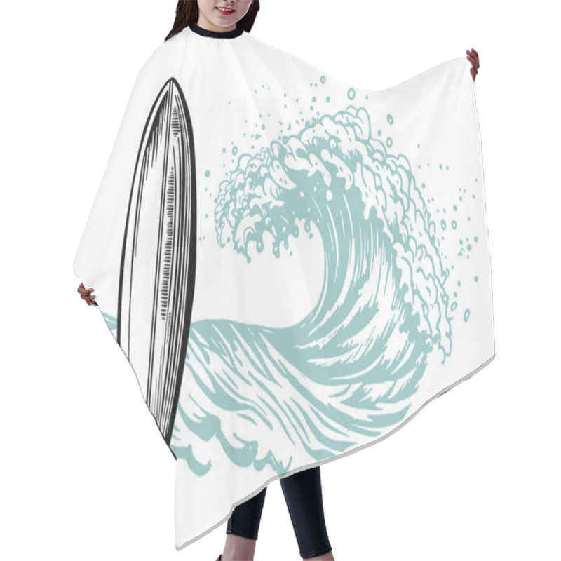 Personality  Wave And Surfboard, Hand Drawn Illustrations, Vector. Hair Cutting Cape