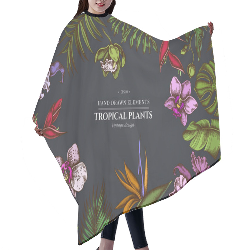 Personality  Floral Design On Dark Background With Monstera, Banana Palm Leaves, Strelitzia, Heliconia, Tropical Palm Leaves, Orchid Hair Cutting Cape