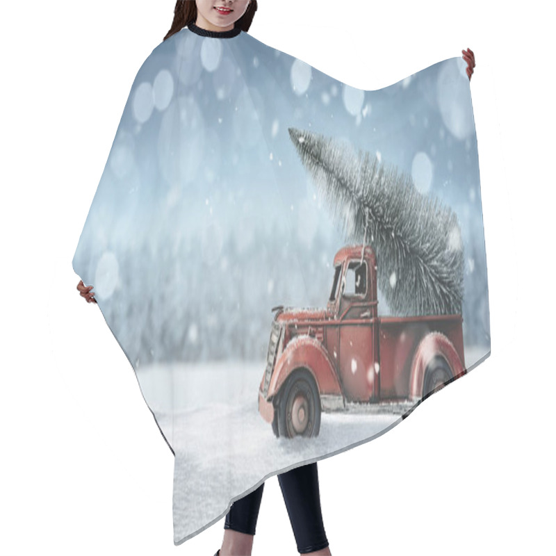 Personality  Old Red Toy Truck With Christmas Tree Loaded On The Back  Hair Cutting Cape