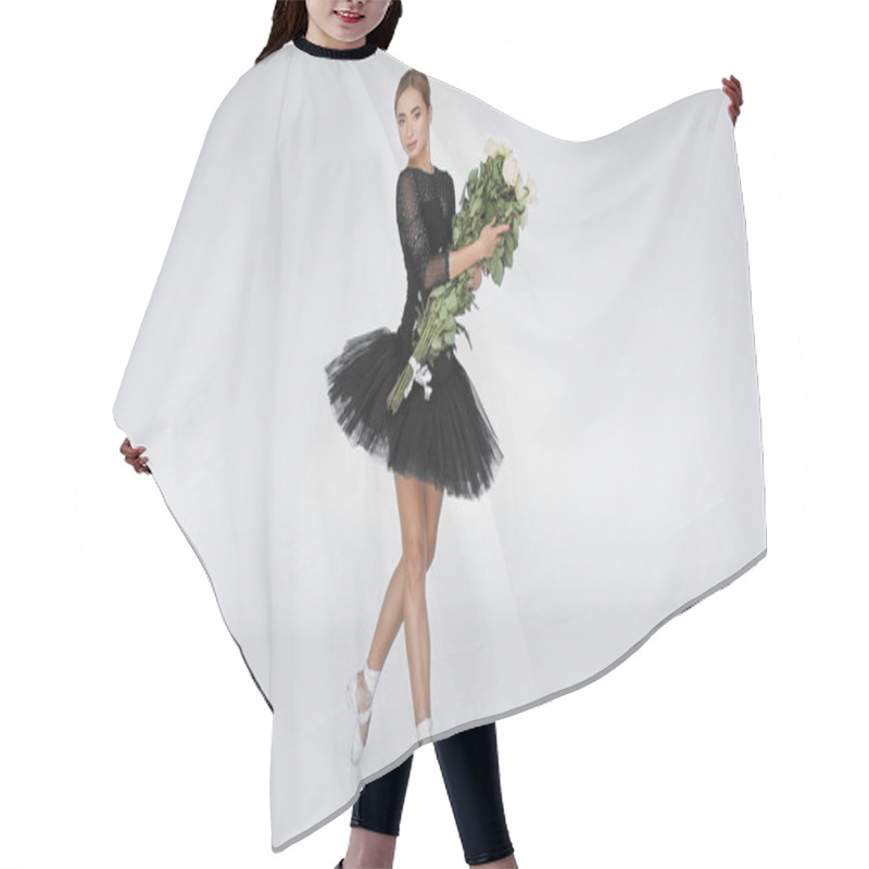 Personality  Young Ballerina Holding Roses And Performing Classical Ballet Dance On White  Hair Cutting Cape