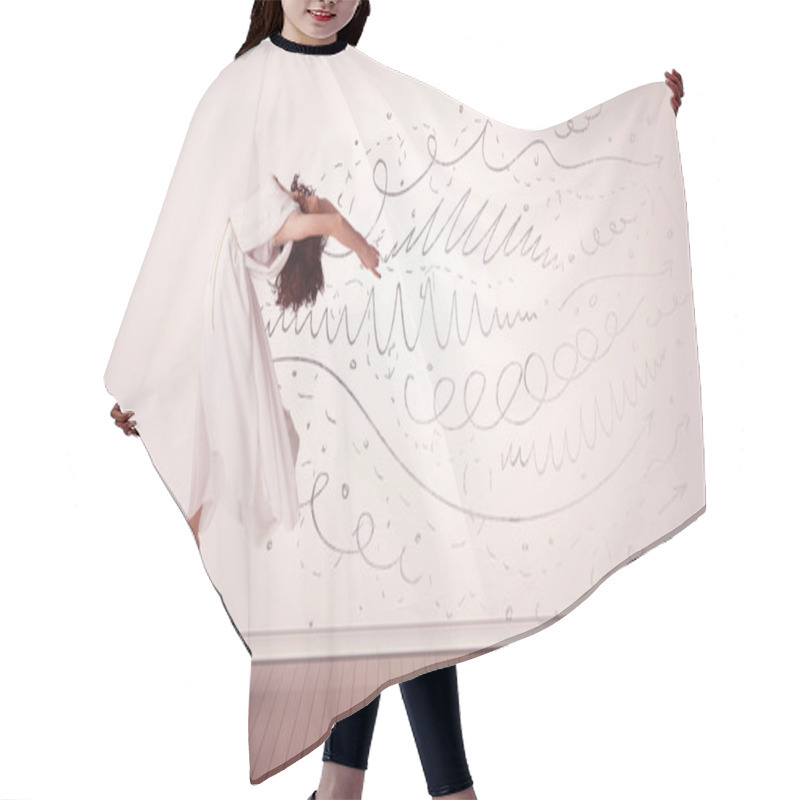 Personality  Pretty Woman Jumping With Hand Drawn Lines And Arrows Come Out Hair Cutting Cape