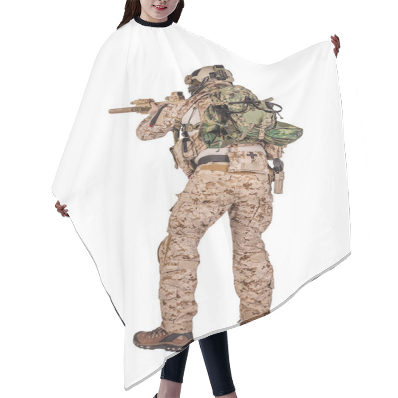 Personality  Special Forces Soldier With Rifle On White Background. Army, Military And People Concept Hair Cutting Cape