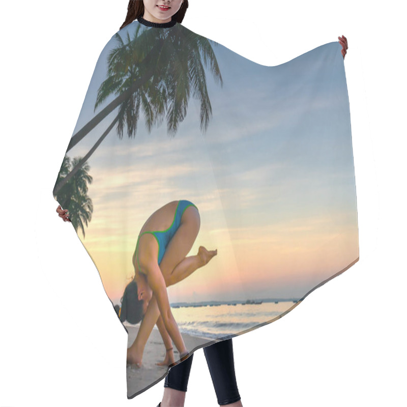 Personality  Silhouette Woman Performing Yoga Exercises Workout On The Beach Beside Palm Trees, Beautiful Paradise Beach Hair Cutting Cape