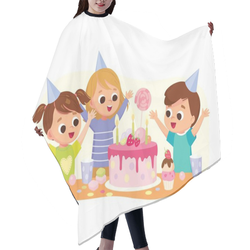 Personality  Children Kids Cheerful Exited And Happy Sitting By Table At Birthday Party Congratulate Greet Host With Hands Up And Looking At Birthday Cake. Vector Illustration. Hair Cutting Cape