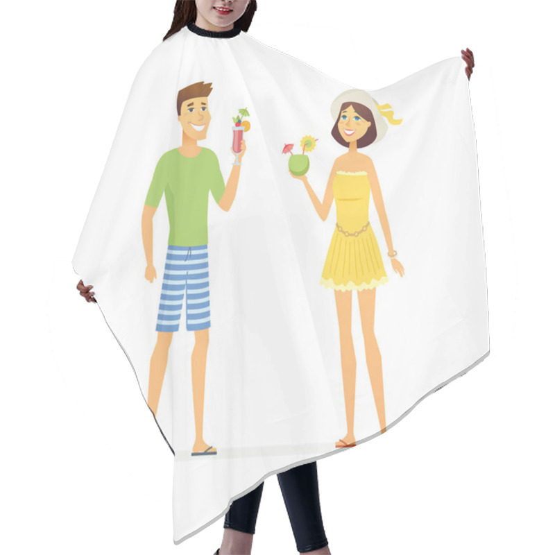 Personality  Young Couple On Beach Holiday - Cartoon People Character Isolated Illustration Hair Cutting Cape