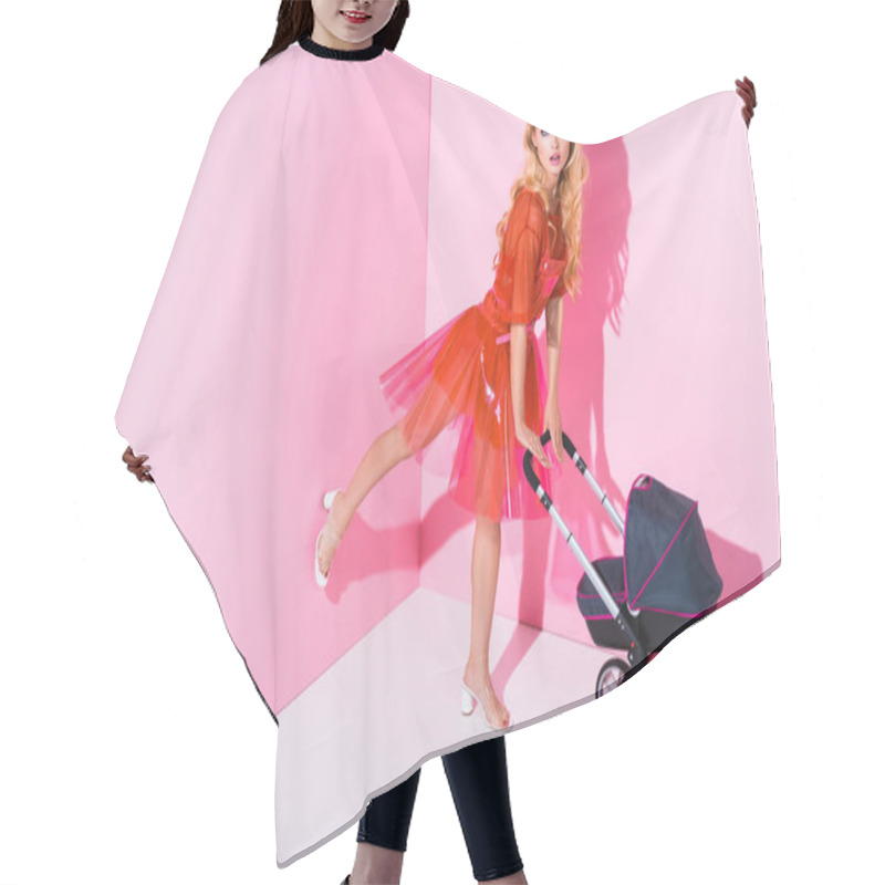 Personality  Beautiful Girl With Baby Stroller On Pink With Copy Space, Doll Concept Hair Cutting Cape