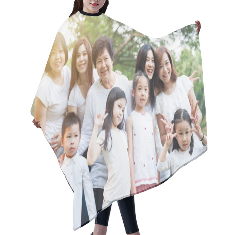 Personality  Group Of Asian Multi Generations Family Outdoors Hair Cutting Cape