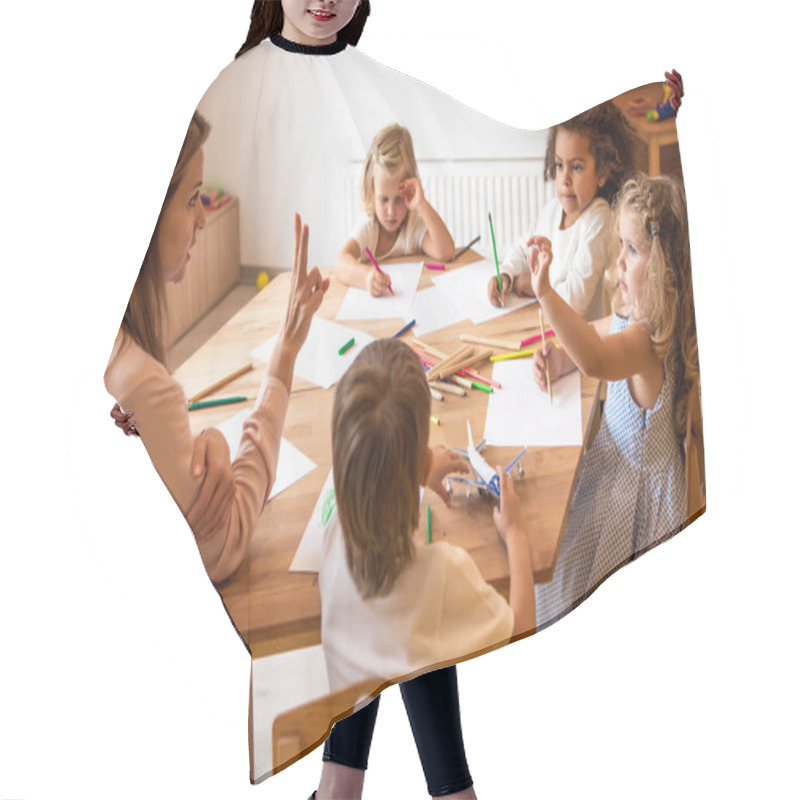 Personality  Educator Teaching Adorable Multicultural Children Counting And Showing Number With Fingers In Kindergarten Hair Cutting Cape