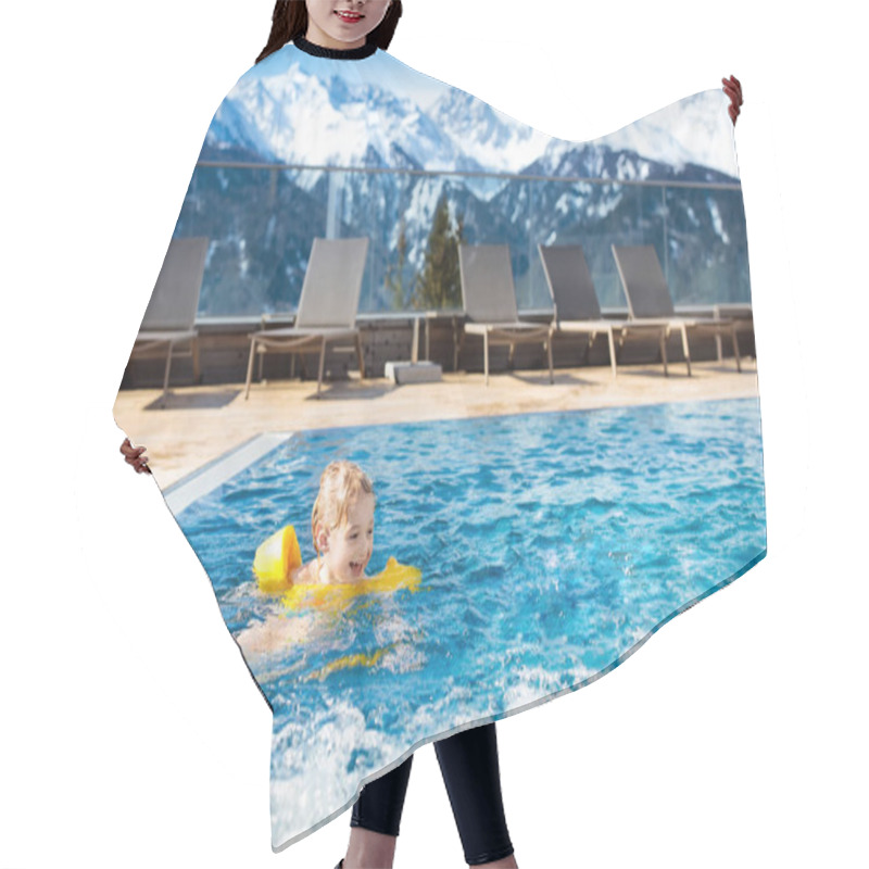 Personality  Child In Outdoor Swimming Pool Of Alpine Resort Hair Cutting Cape