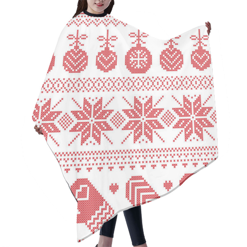 Personality  Scandinavian Nordic Seamless Christmas Pattern With Xmas Baubles, Gloves, Stars, Snowflakes, Xmas Ornaments, Snow Element, Hearts In Red Cross Stitch Hair Cutting Cape