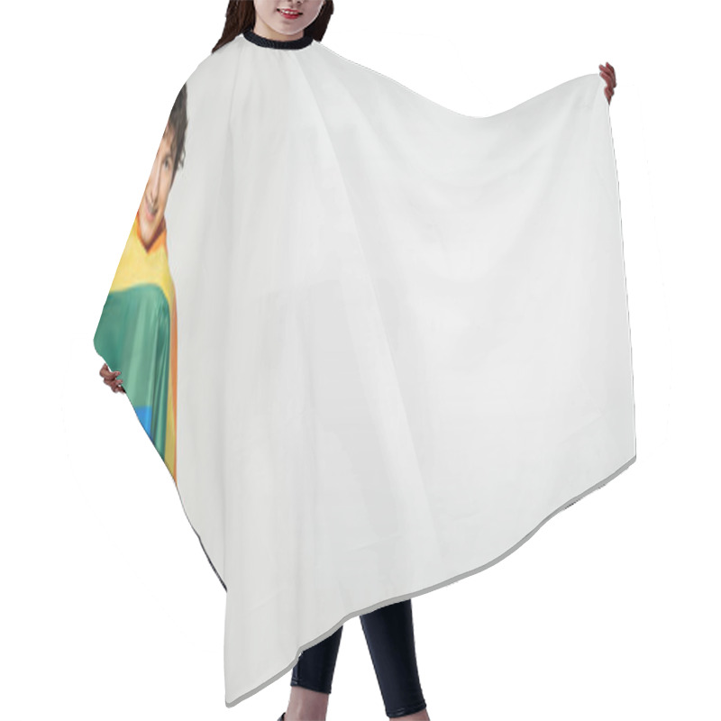 Personality  Happy Nonbinary Person With Wavy Brunette Hair Standing Under Lgbt Flag Isolated On Grey, Banner Hair Cutting Cape