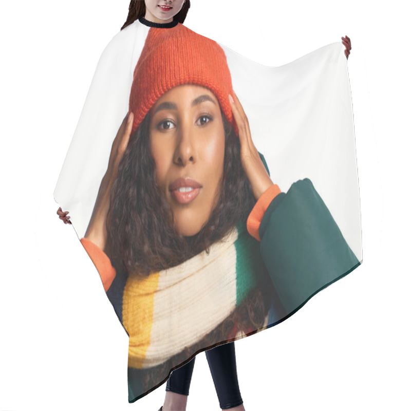 Personality  A Stylish Woman Showcases Her Beauty In Cozy Winter Wear, Radiating Confidence And Warmth. Hair Cutting Cape