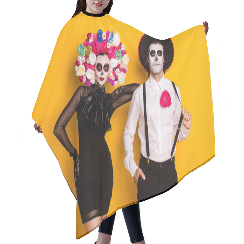 Personality  Portrait Of His He Her She Glamorous Fashionable Elegant Chic Gorgeous Trendy Couple Wearing Calavera Look Outfit Posing Isolated Bright Vivid Shine Vibrant Yellow Color Background Hair Cutting Cape