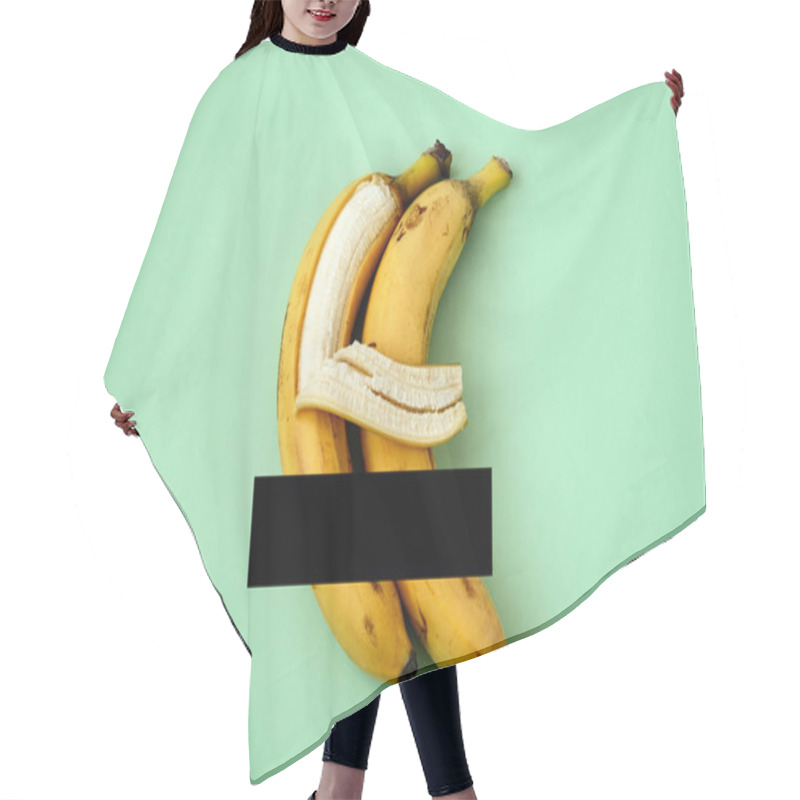 Personality  Two Bananas On A Green Background With Censored Black Line, One Banana Hugs Another With Its Peel Hair Cutting Cape