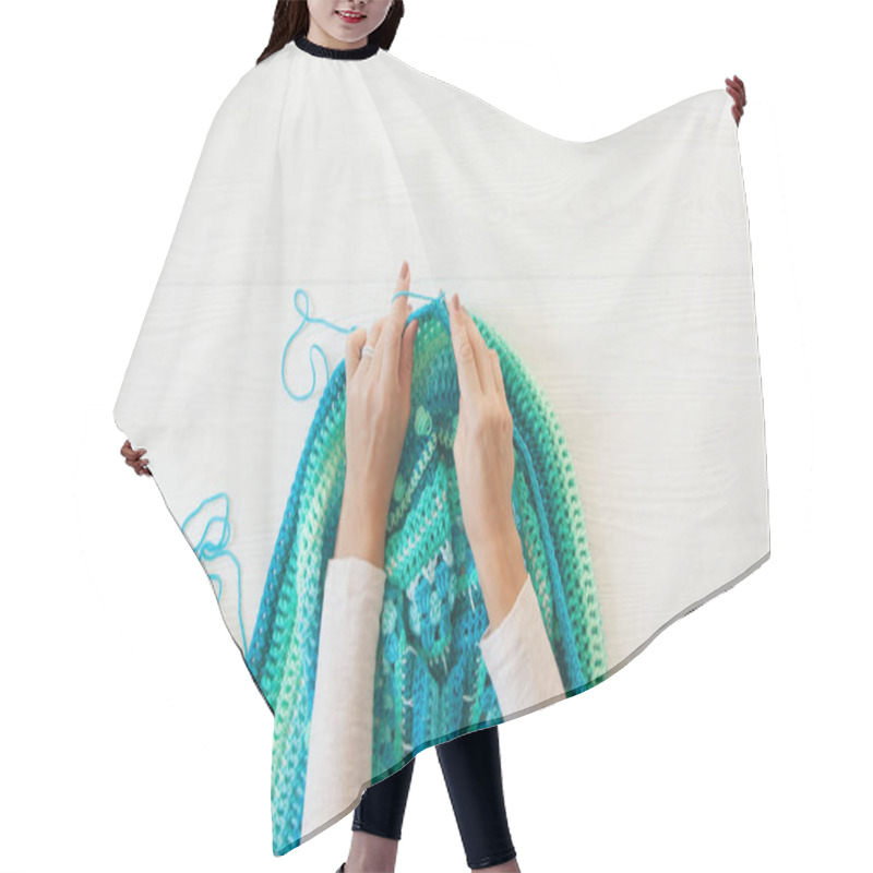 Personality  Women's Hands Are Large. Woman Crochets. Yarn Of Green, Turquois Hair Cutting Cape