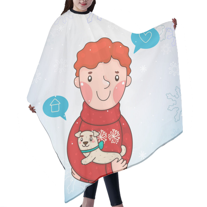 Personality  Christmas Illustration, Boy With Puppy, Poster, Vector. Hair Cutting Cape