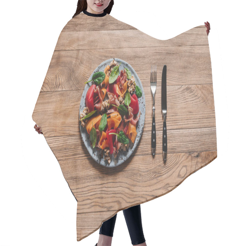 Personality  Top View Of Gourmet Salad With Mussels, Vegetables And Jamon On Wooden Table Hair Cutting Cape