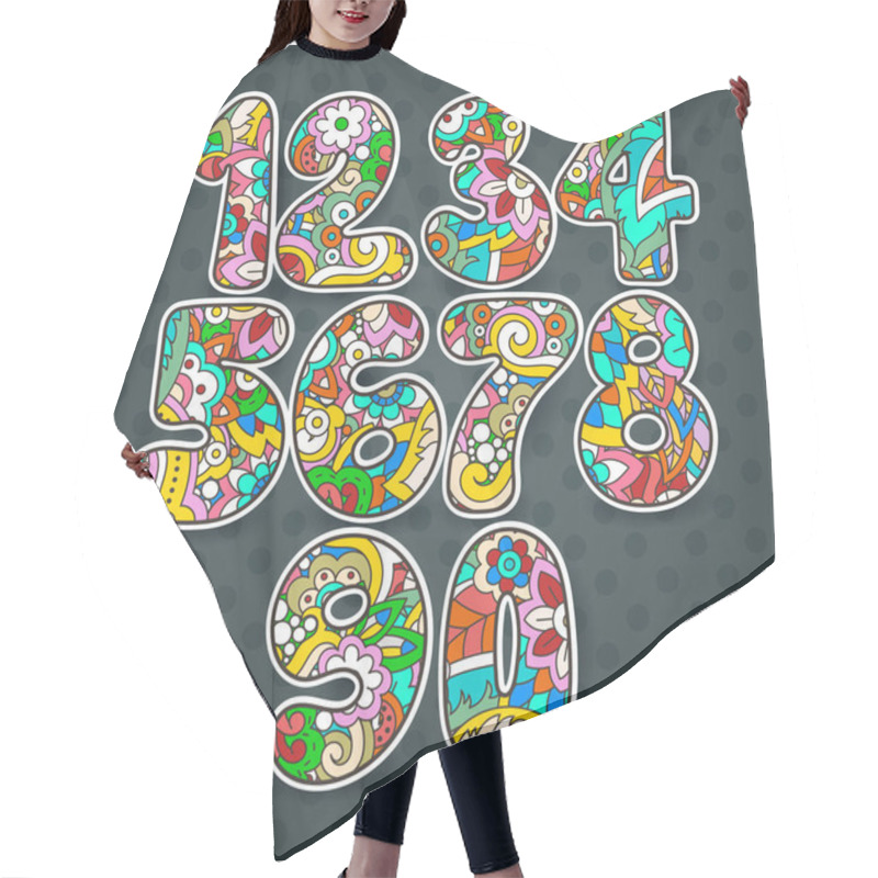 Personality  Set Of Patterned Hand Drawn Numbers. Funny Doodle Contour Math Signs Hair Cutting Cape