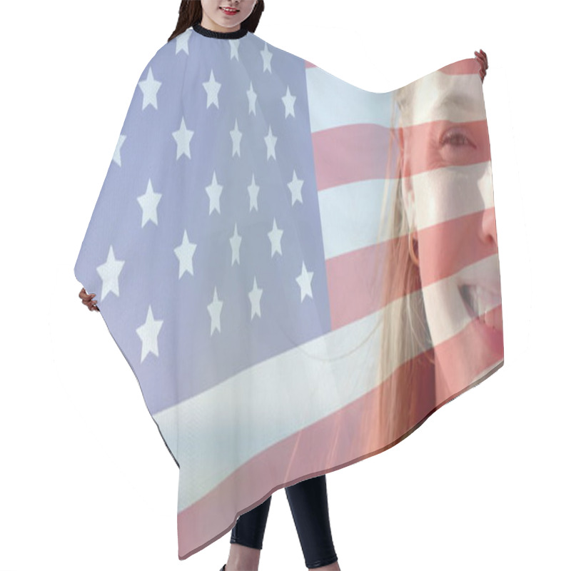 Personality  Image Of Flag Of Usa Over Caucasian Woman. Patriotism And Celebration Concept Digitally Generated Image. Hair Cutting Cape