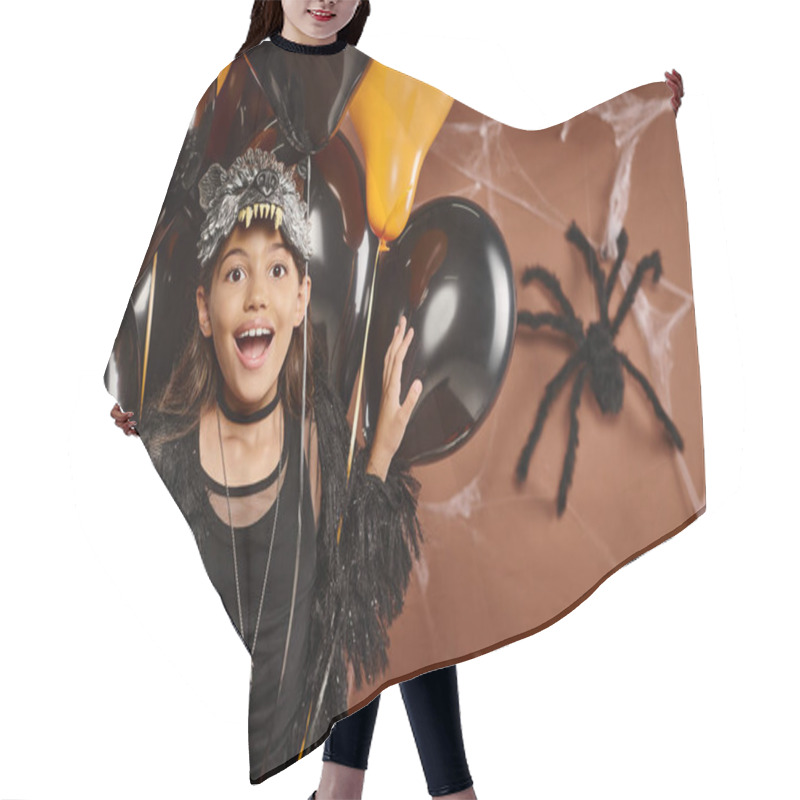 Personality  Close Up Happy Preteen Girl With Balloons With Spider Web Brown Backdrop, Halloween Concept Hair Cutting Cape