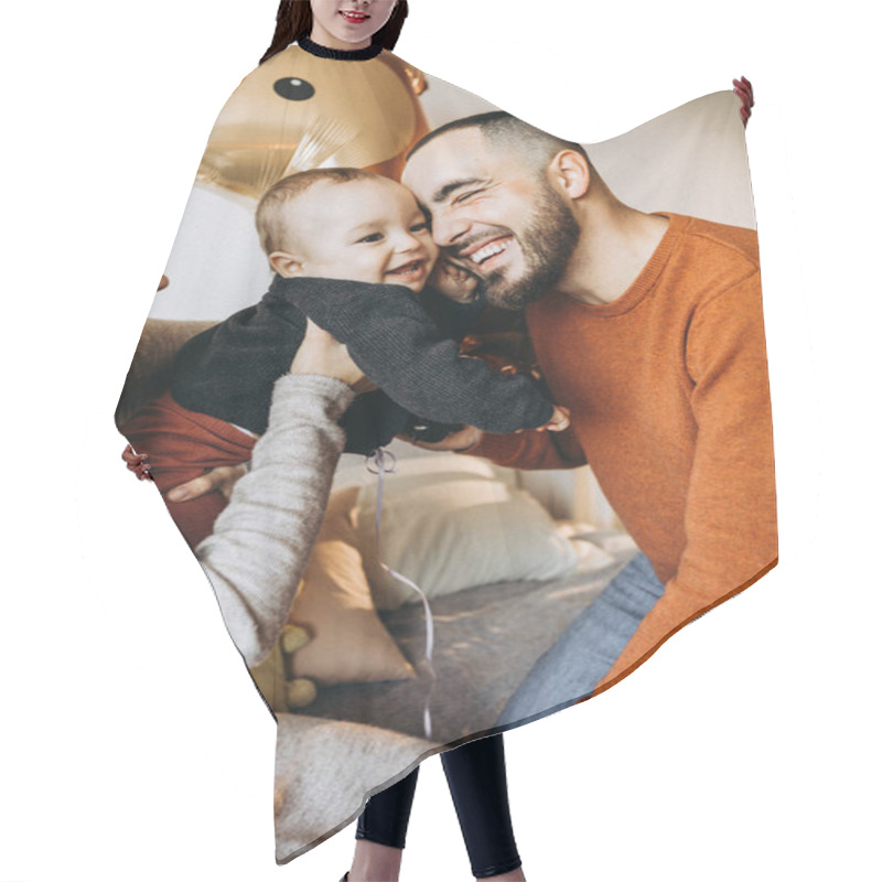 Personality  Happy Family Playing With Baby Boy In Autumn Hair Cutting Cape