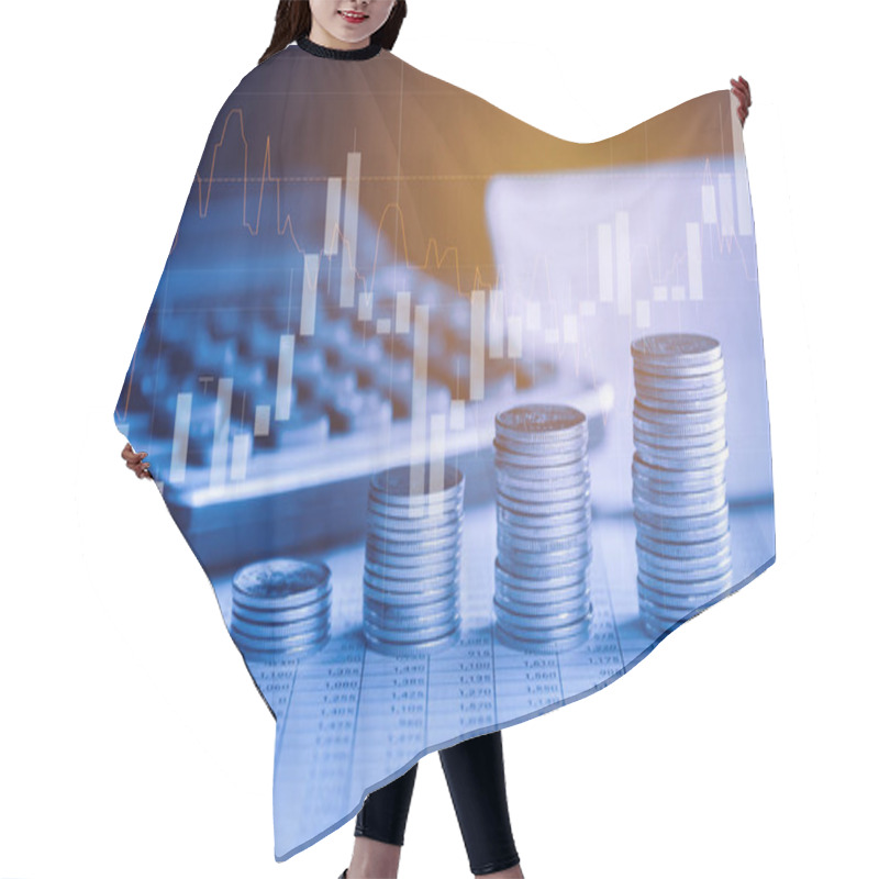 Personality  Stack Of Money Coin On Accounting Sheet With Trading Graph, Financial Investment Concept.  Hair Cutting Cape