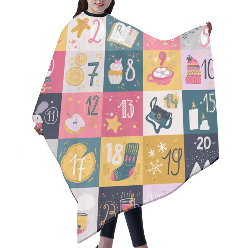 Personality  Winter Holday Cards And Advent Calendar. Christmas And New Year Decorations With Numbers. Cute Naive Style Hair Cutting Cape