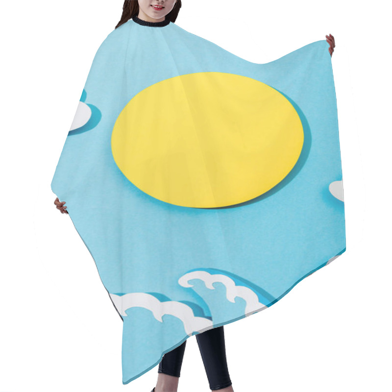 Personality  Top View Of Paper Cut Sun, Clouds And Sea Waves On Blue Background Hair Cutting Cape