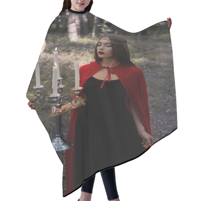 Personality  Beautiful Magic Girl Holding Candelabrum With Flaming Candles In Woods Hair Cutting Cape