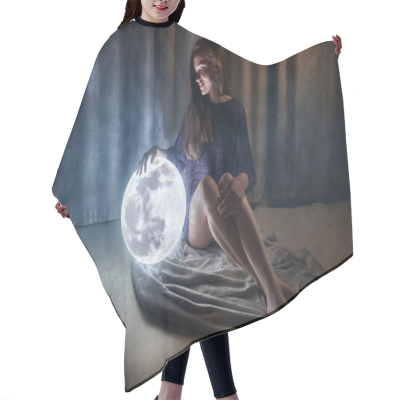 Personality  Attractive Dreaming Woman With The Bright Full Shining Moon At Night Time  Hair Cutting Cape