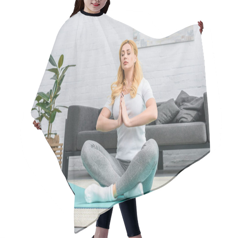 Personality  Young Woman Practicing In Lotus Position On Yoga Mat  Hair Cutting Cape