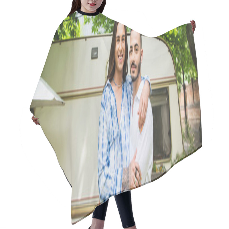 Personality  Happy Gay Couple Smiling While Hugging Near Travel Van In Forest, Banner Hair Cutting Cape