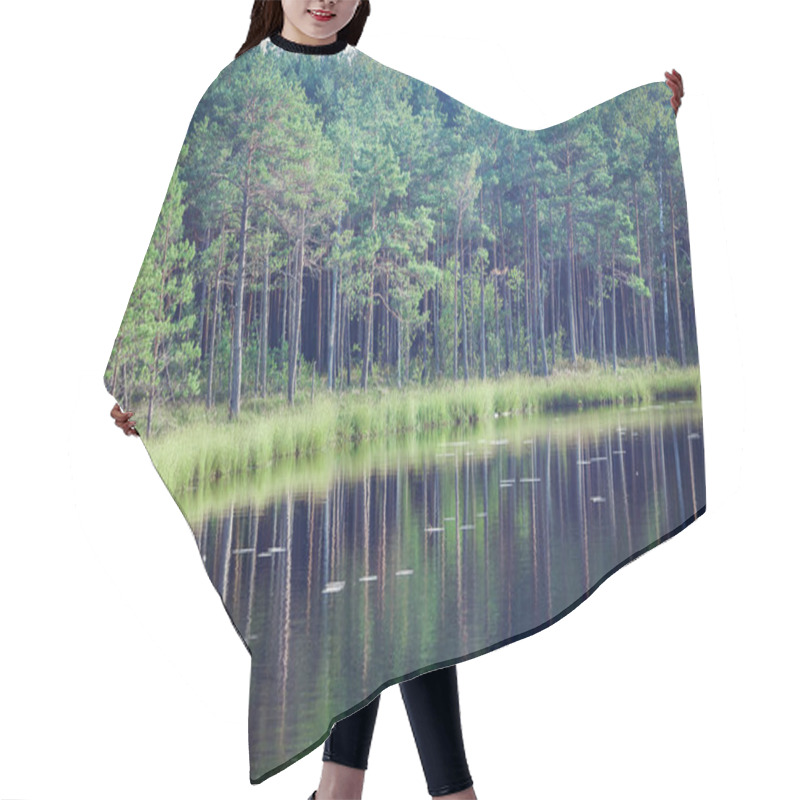 Personality  Forest Growing Along The Lake Bank With Clear Water With Reflections And Grass Hair Cutting Cape