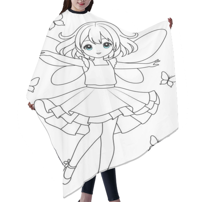 Personality  PrintCute Kawaii Fairy With Sparkling Wings Playing With Butterflies Isolated On White Background Outline Coloring Page For Kids Hair Cutting Cape