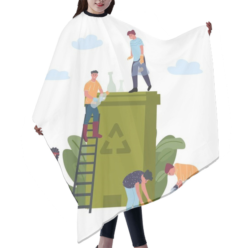 Personality  Recycling Concept. People Is Engaged In Recycling Garbage, Sorting Plastic Waste And Disposal Products. Vector Environmental Protection Concept Hair Cutting Cape