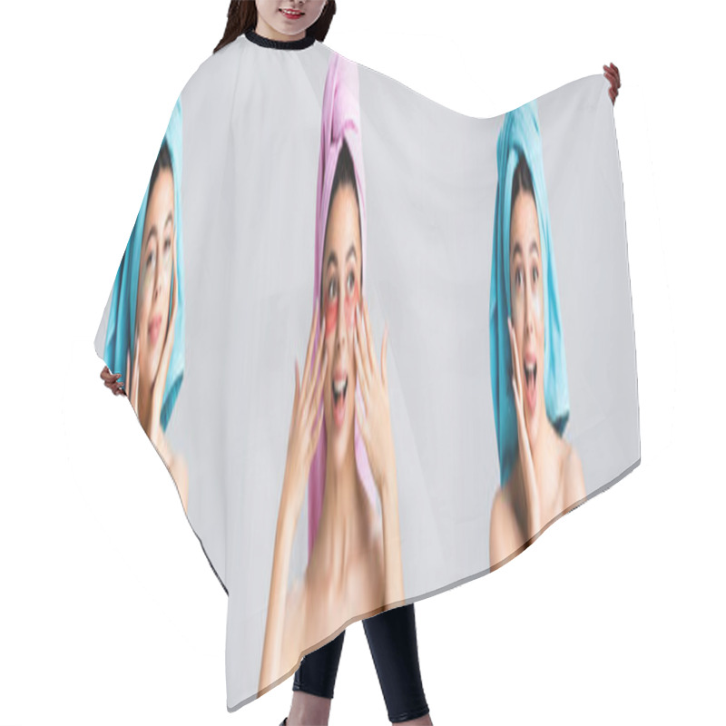 Personality  Collage Of Emotional Beautiful Woman With Towel On Hair And Hydrogel Eye Patches On Face Isolated On Grey, Banner Hair Cutting Cape