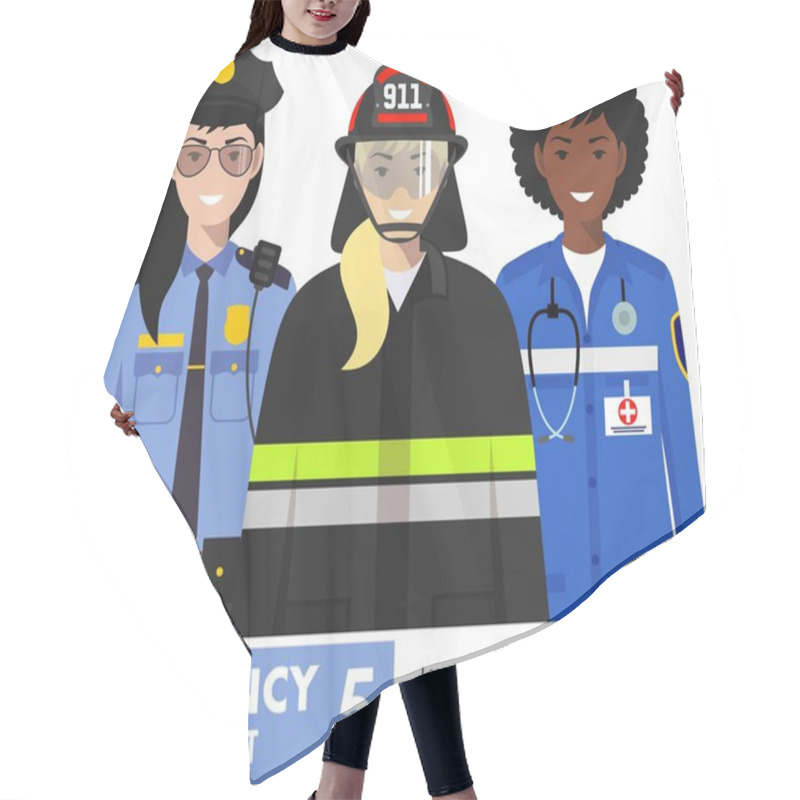 Personality  Emergency Concept. Detailed Illustration Of Female Firefighter, Doctor And Policeman In Flat Style On White Background. Vector Illustration. Hair Cutting Cape