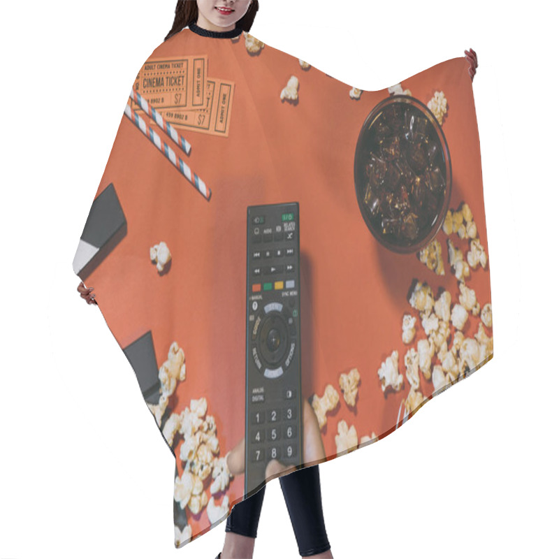 Personality  Concept Of Watching Movies With Popcorn Top View Dark Background Hair Cutting Cape