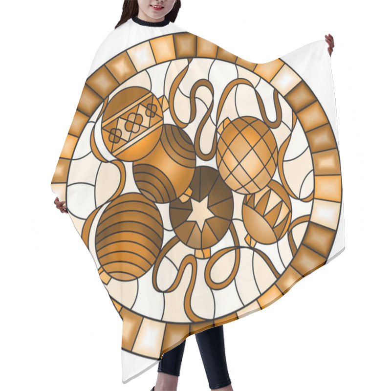 Personality  Illustration In Stained Glass Style With Still Life Of New Year Toys And Serpentine, Oval Image In Frame, Tone Brown Hair Cutting Cape