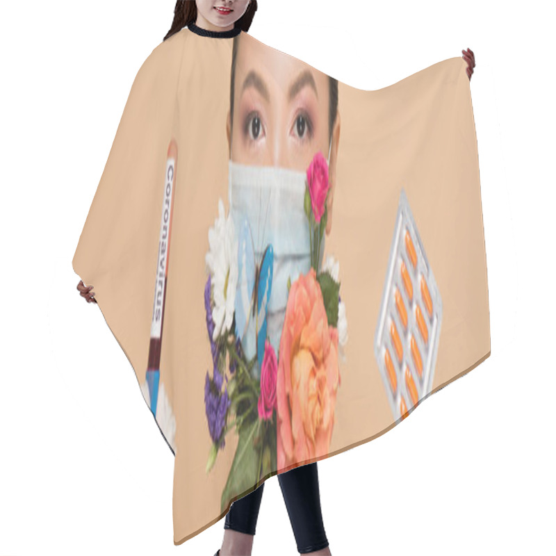 Personality  Panoramic Shot Of Asian Girl In Latex Gloves And Floral Face Mask With Butterfly Holding Pills And Coronavirus Blood Test Isolated On Beige Hair Cutting Cape