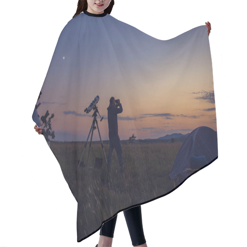 Personality  Man With Astronomical Telescope Observing Night Sky, Under The Mlky Way Stars. Hair Cutting Cape