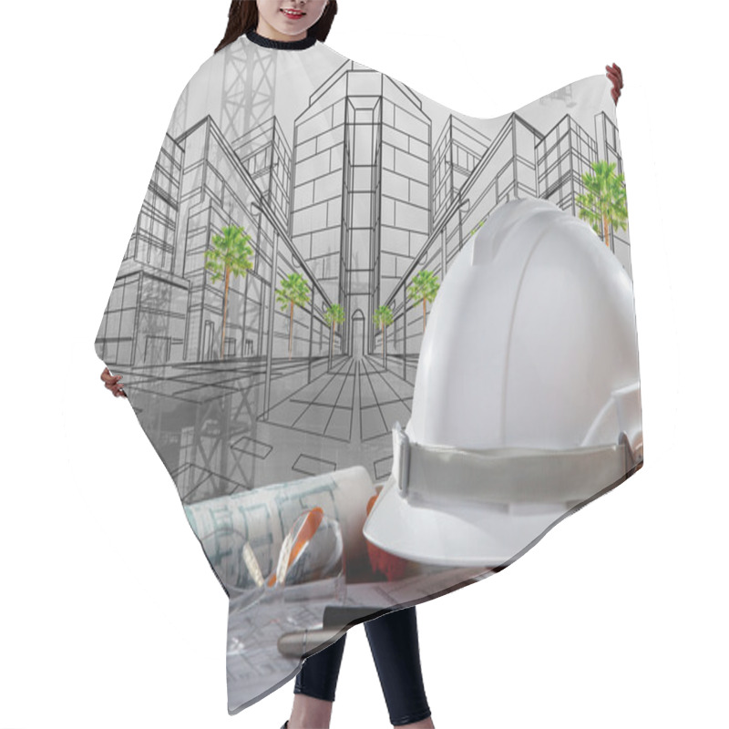 Personality  Safety Helmet And Architect Pland On Wood Table With Sunset Scen Hair Cutting Cape