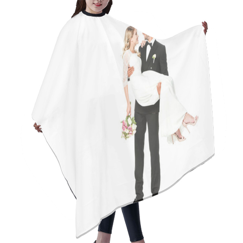 Personality  Happy Young Groom Carrying His Bride Isolated On White Hair Cutting Cape