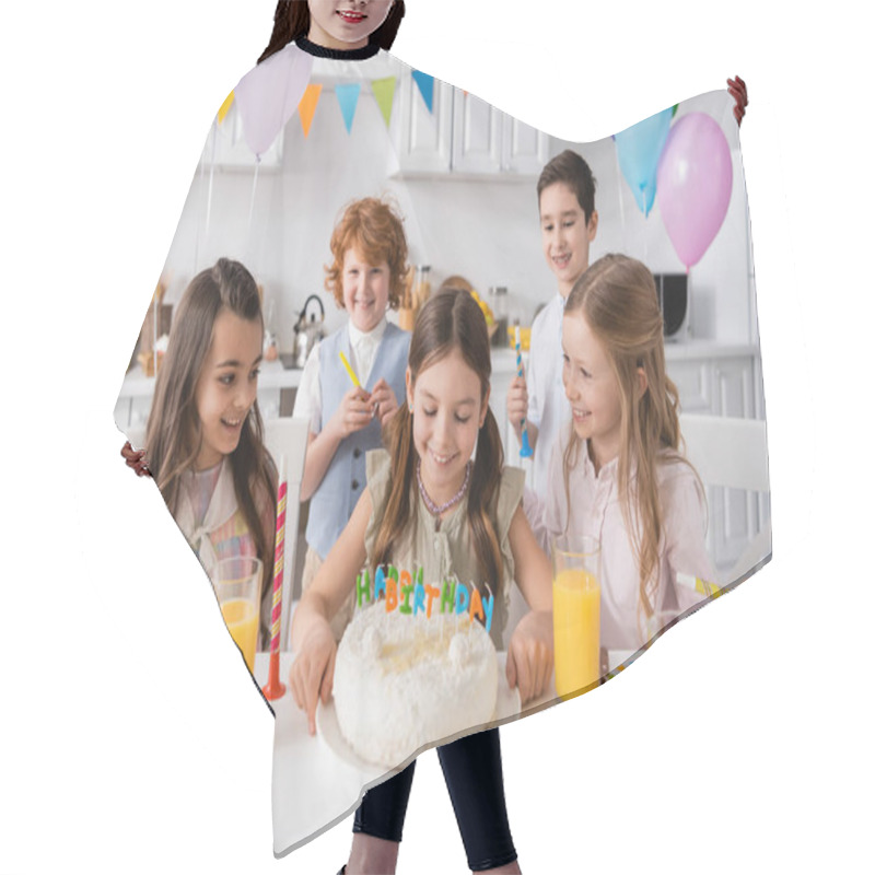 Personality  Happy Girl Looking At Her Birthday Cake With Candles Near Friends During Celebration At Home Hair Cutting Cape