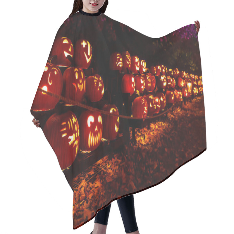 Personality  Enchanted Forest Path: Glowing Jack-o'-Lantern Pumpkins At Night Hair Cutting Cape