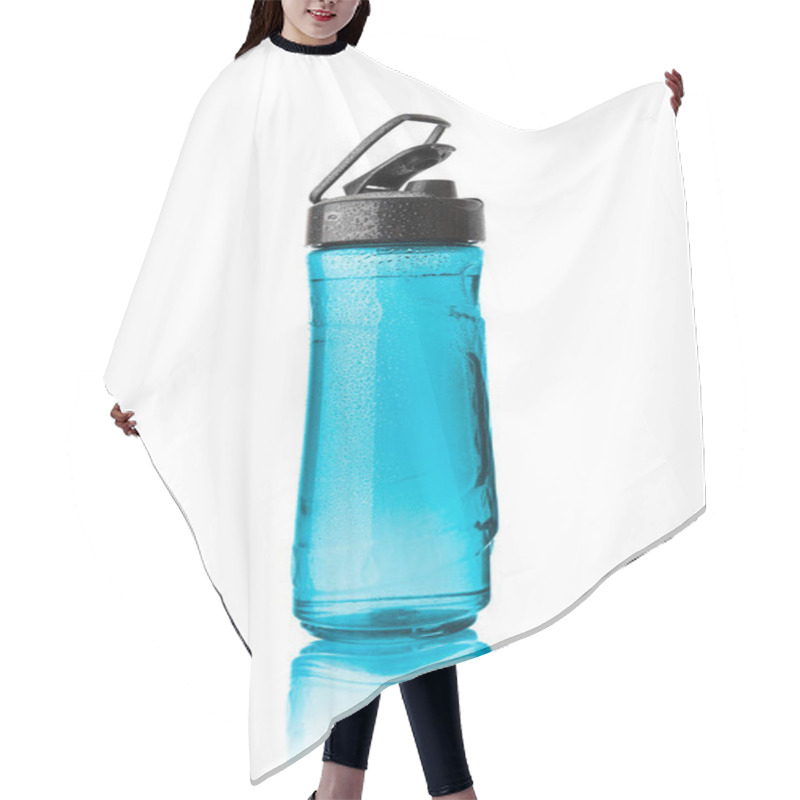 Personality  Plastic Blue Sports Bottle Is Covered With Droplets. Isolated On White Background. Hair Cutting Cape