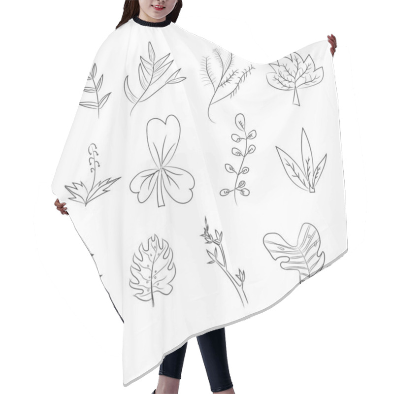 Personality   Set A Collection Of Hand-drawn Botanical Leaf Designs, Featuring Various Shapes And Patterns, Arranged In Rows. Each Leaf Has A Unique Line Art Style, Giving A Minimalist Aesthet Hair Cutting Cape