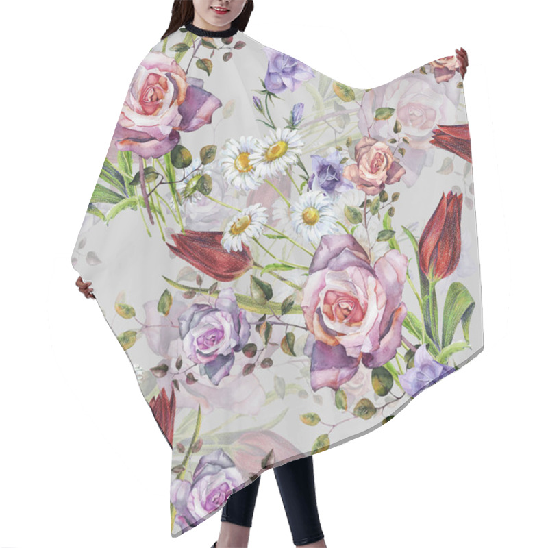 Personality  Watercolor Delicate Flowers Bouquet. Floral Seamless Pattern With Shade On A Gray Background.  Beautiful  Hand Pattern For Decoration And Design.  Hair Cutting Cape