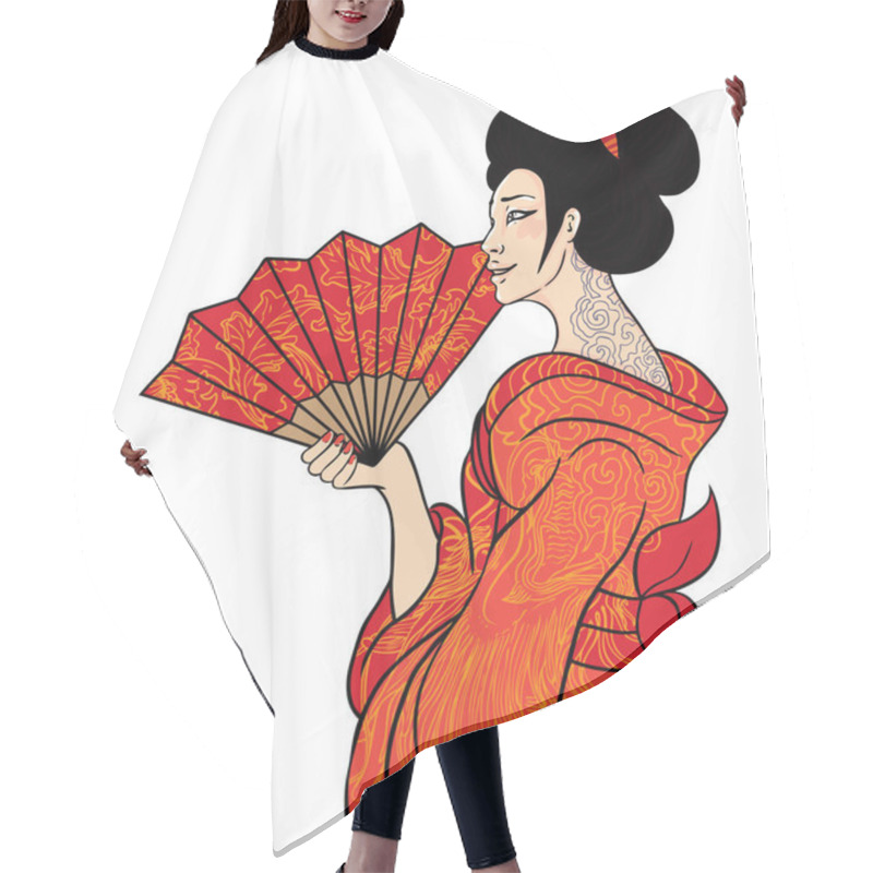 Personality  Portrait Of Traditional Beautiful Japanese Women With Fan. Geish Hair Cutting Cape