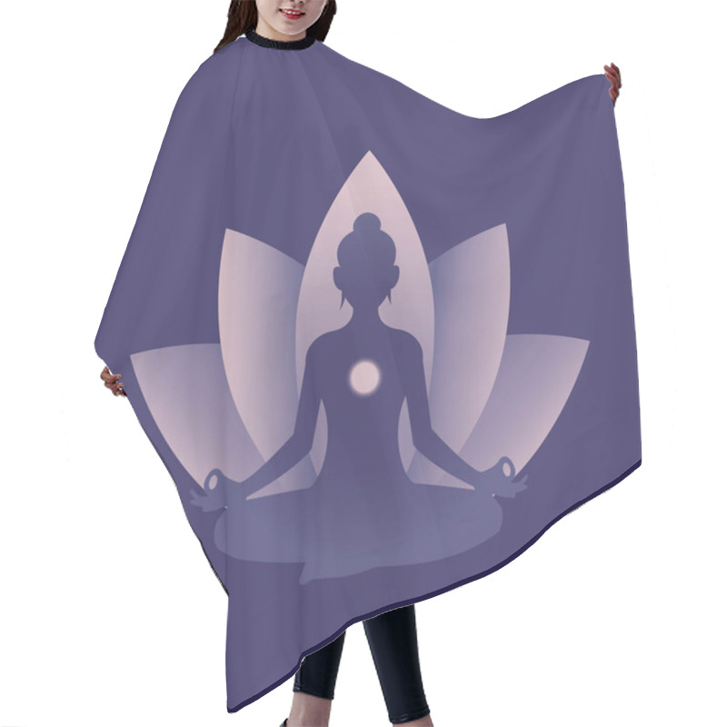 Personality  Girl Doing Yoga In The Lotus Position On Lotus Flower Background. Vector Illustration. Gradient Flat Illustration. Chakra Concept. Woman. Purple Hair Cutting Cape